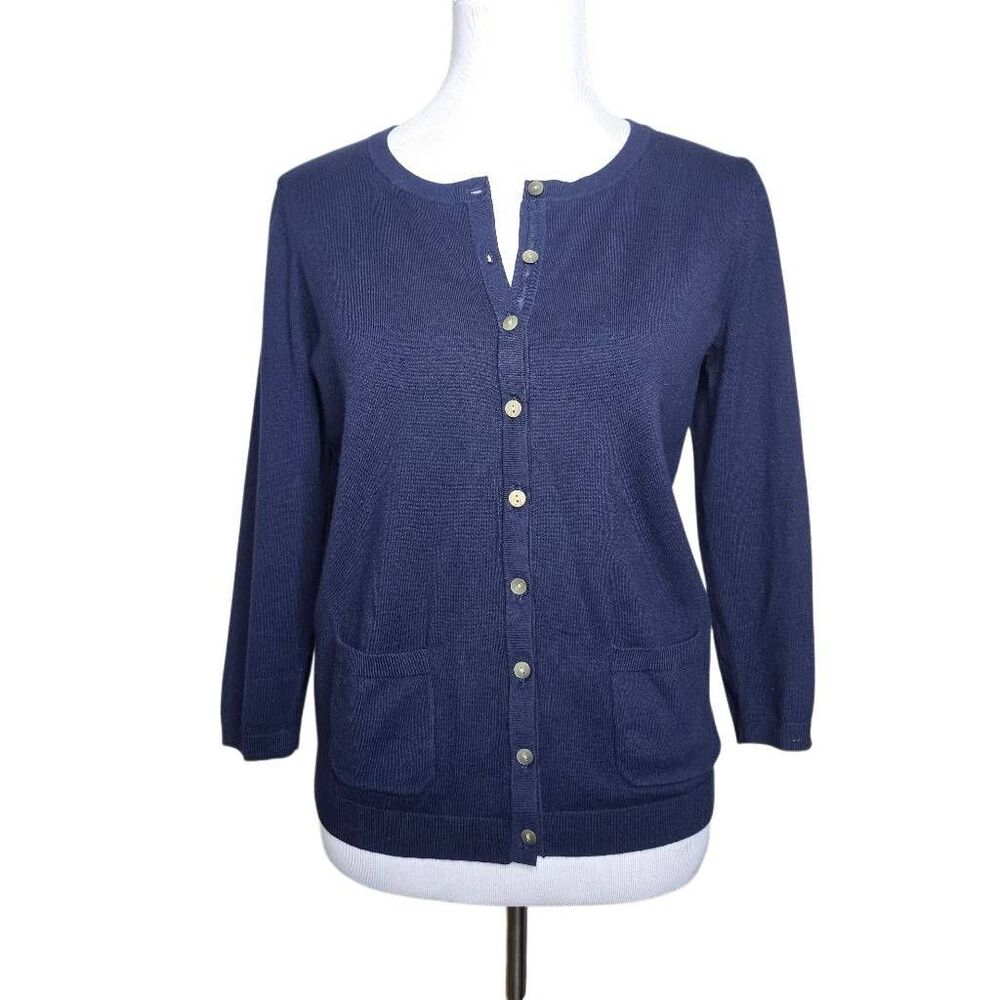 Talbots Cardigan Navy Blue Pima Cotton Pocket Button Front Sweater Small - Picture 3 of 11
